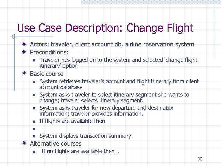 Use Case Description: Change Flight Actors: traveler, client account db, airline reservation system Preconditions: