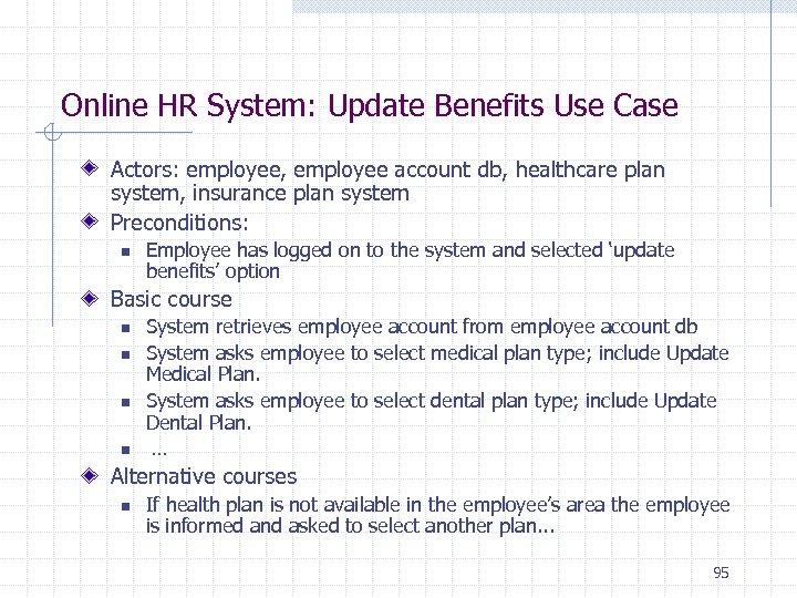 Online HR System: Update Benefits Use Case Actors: employee, employee account db, healthcare plan