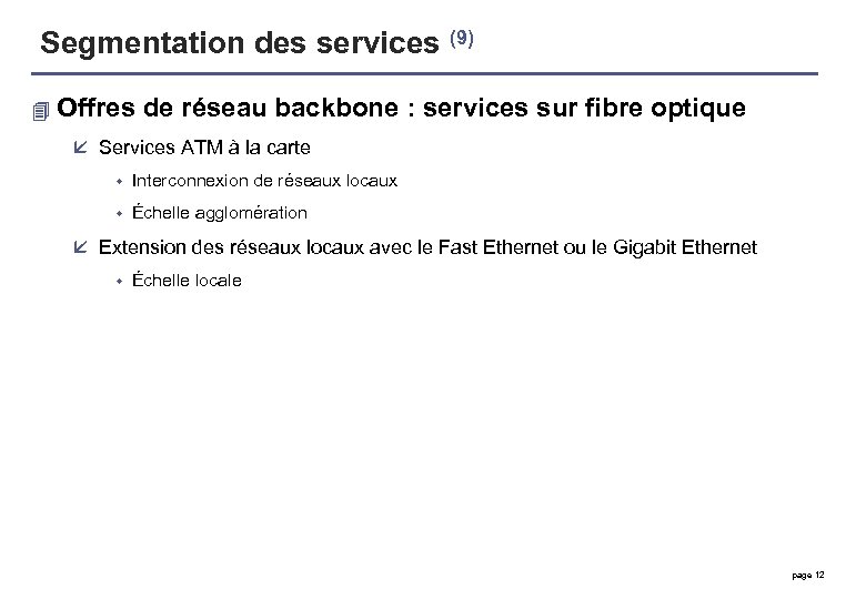 Segmentation des services (9) 4 Offres de réseau backbone : services sur fibre optique