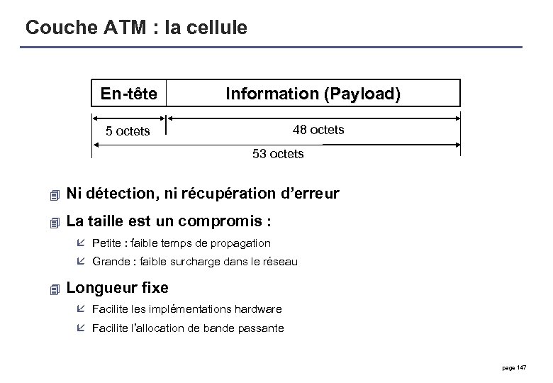 Couche ATM : la cellule En-tête Information (Payload) 48 octets 53 octets 4 Ni