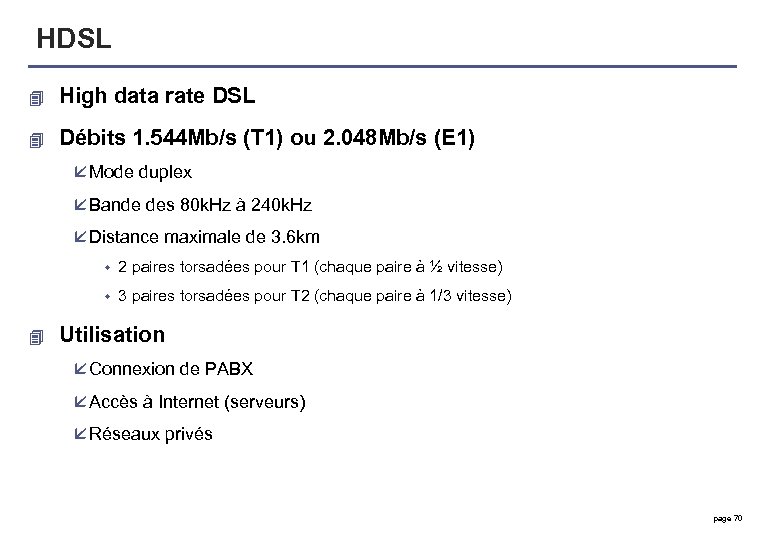 HDSL 4 High data rate DSL 4 Débits 1. 544 Mb/s (T 1) ou