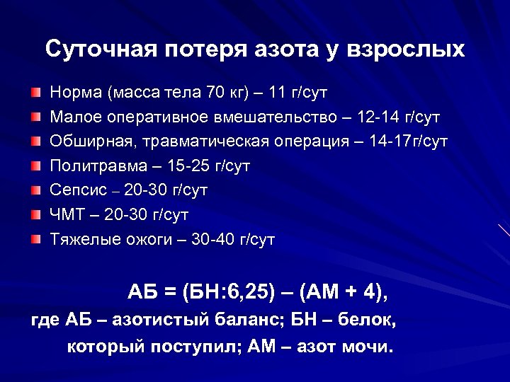 Суточная потеря азота у взрослых Норма (масса тела 70 кг) – 11 г/сут Малое