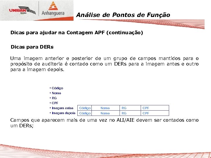 Análise de Pontos de Função Dicas para ajudar na Contagem APF (continuação) Dicas para