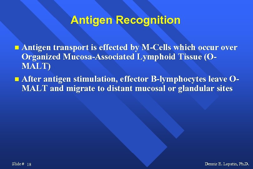 Antigen Recognition Antigen transport is effected by M-Cells which occur over Organized Mucosa-Associated Lymphoid
