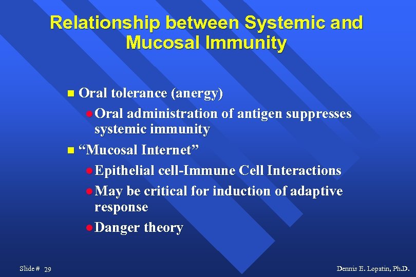Relationship between Systemic and Mucosal Immunity Oral tolerance (anergy) Oral administration of antigen suppresses