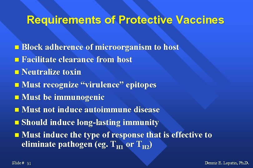 Requirements of Protective Vaccines Block adherence of microorganism to host Facilitate clearance from host