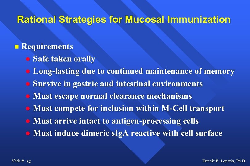 Rational Strategies for Mucosal Immunization Requirements Safe taken orally Long-lasting due to continued maintenance
