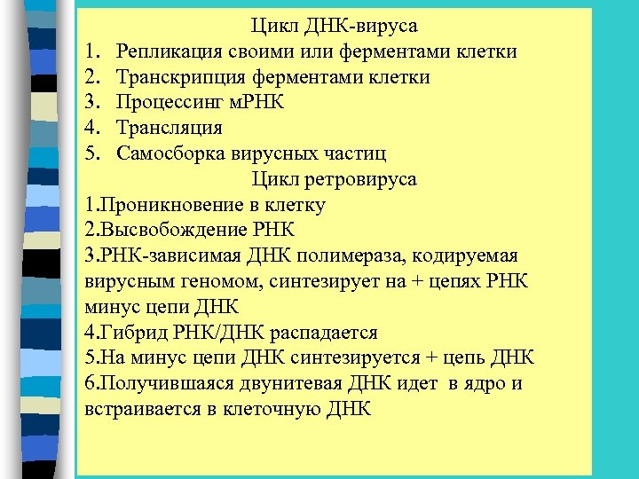 Цикл ДНК-вируса 1. Репликация своими или ферментами клетки 2. Транскрипция ферментами клетки 3. Процессинг