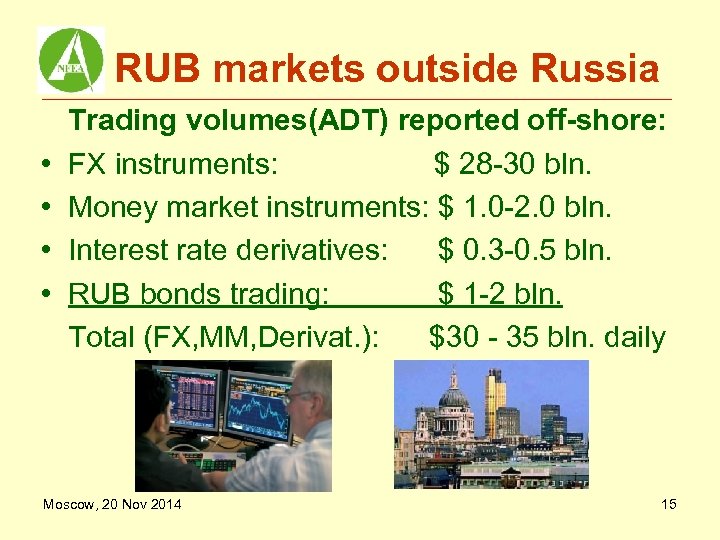 RUB markets outside Russia • • Trading volumes(ADT) reported off-shore: FX instruments: $ 28