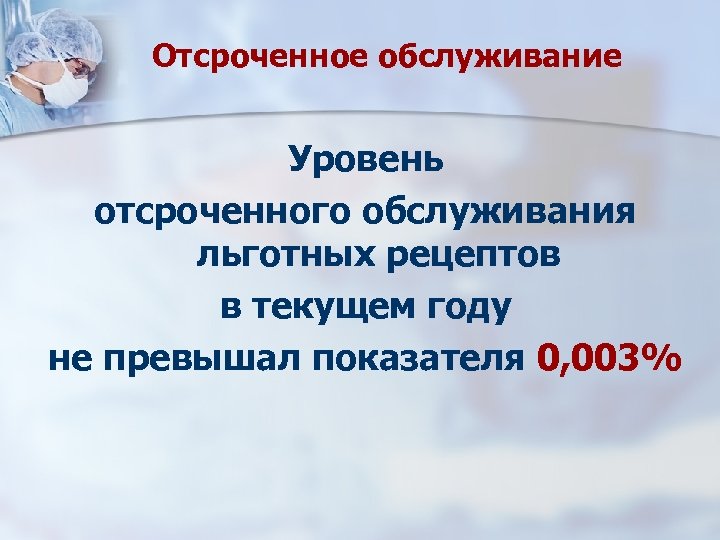 Отсроченное обслуживание Уровень отсроченного обслуживания льготных рецептов в текущем году не превышал показателя 0,