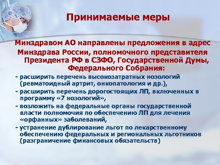 Принимаемые меры Минздравом АО направлены предложения в адрес Минздрава России, полномочного представителя Президента РФ