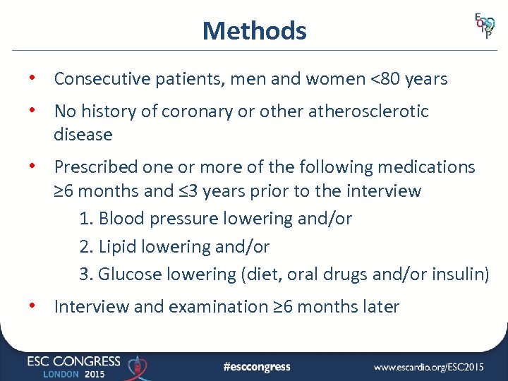 Methods • Consecutive patients, men and women <80 years • No history of coronary