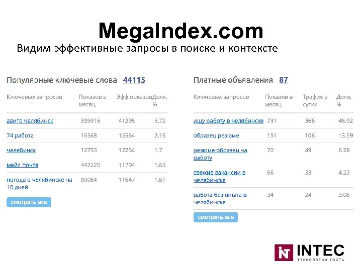 Mega. Index. com Видим эффективные запросы в поиске и контексте 