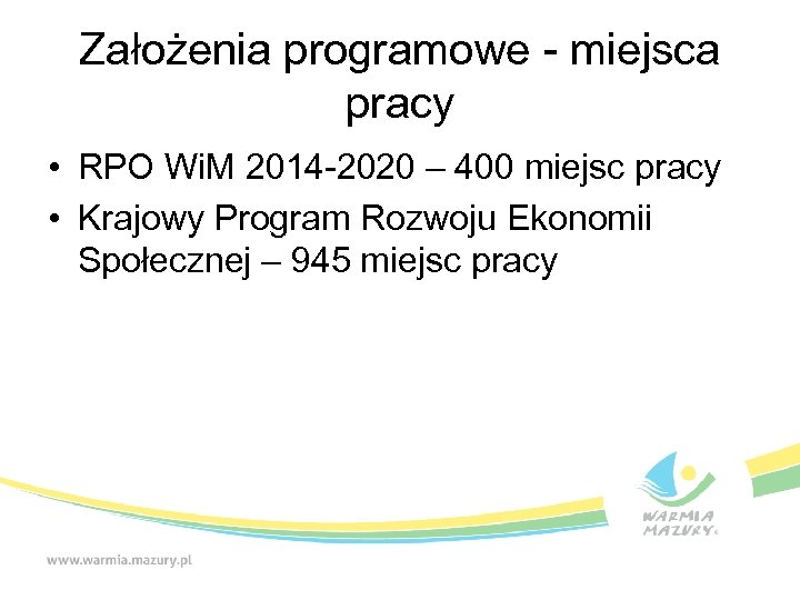 Założenia programowe - miejsca pracy • RPO Wi. M 2014 -2020 – 400 miejsc