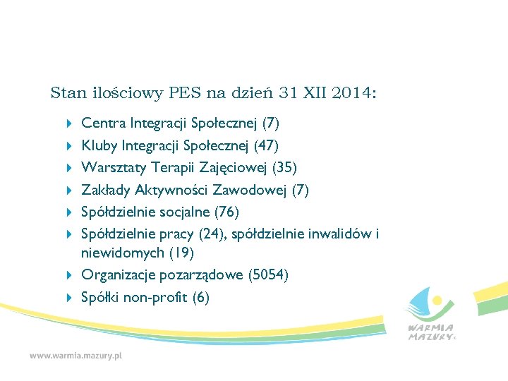 Stan ilościowy PES na dzień 31 XII 2014: Centra Integracji Społecznej (7) Kluby Integracji