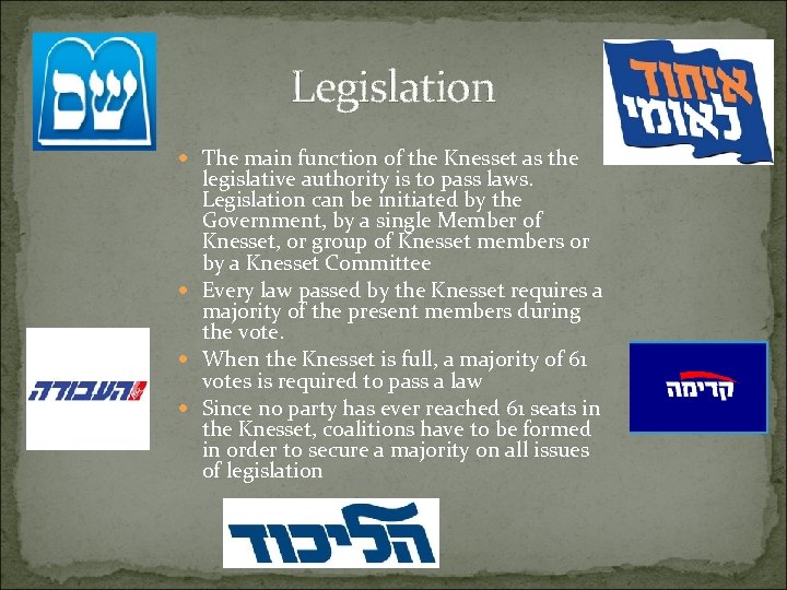 Legislation The main function of the Knesset as the legislative authority is to pass
