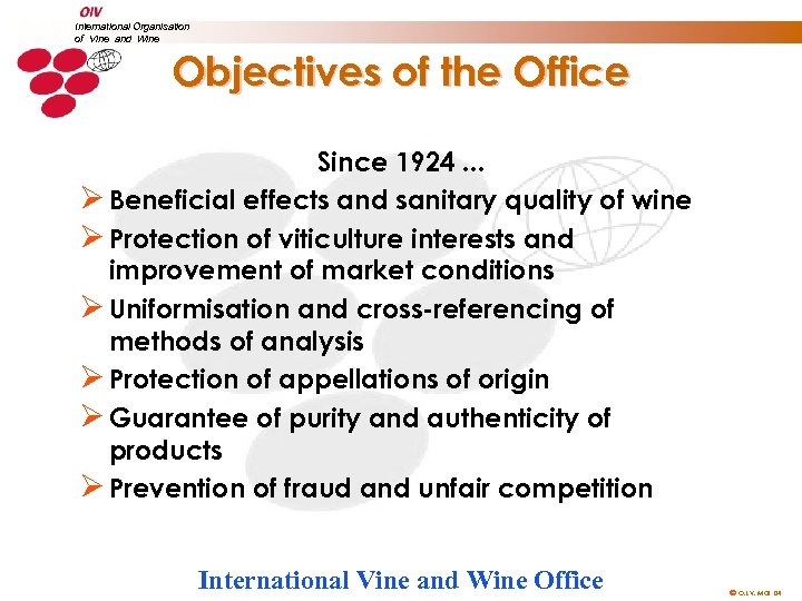 International Organisation of Vine and Wine Objectives of the Office Since 1924. . .