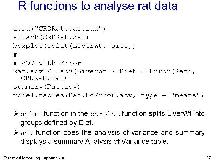 R functions to analyse rat data load(