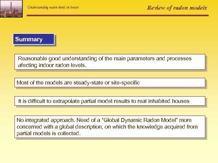 Understanding radon levels in houses Review of radon models Summary Reasonable good understanding of