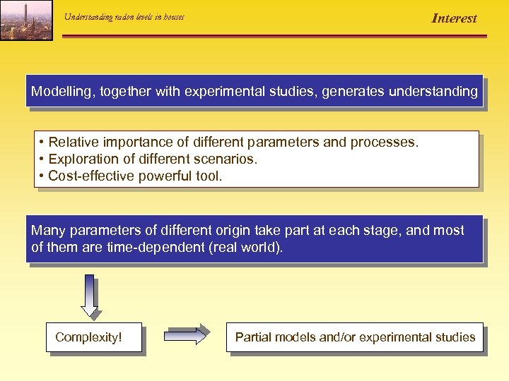 Interest Understanding radon levels in houses Modelling, together with experimental studies, generates understanding •