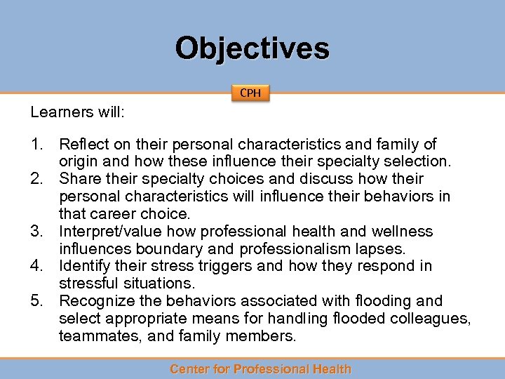 Objectives CPH Learners will: 1. Reflect on their personal characteristics and family of origin