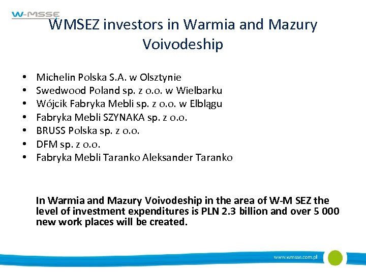 WMSEZ investors in Warmia and Mazury Voivodeship • • Michelin Polska S. A. w