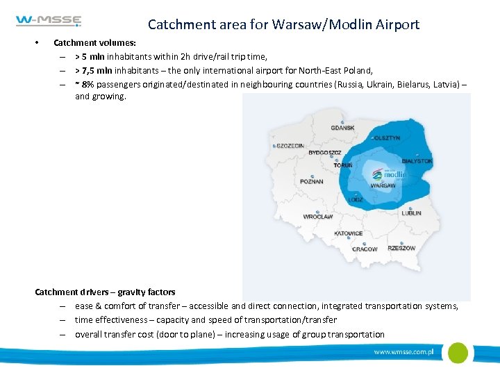Catchment area for Warsaw/Modlin Airport • Catchment volumes: – > 5 mln inhabitants within