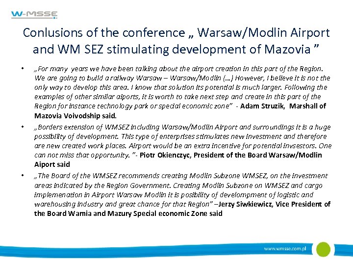 Conlusions of the conference „ Warsaw/Modlin Airport and WM SEZ stimulating development of Mazovia