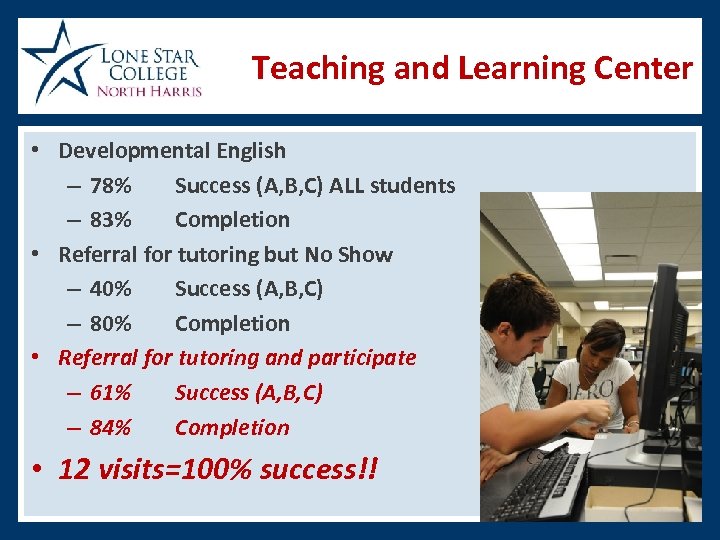 Teaching and Learning Center • Developmental English – 78% Success (A, B, C) ALL