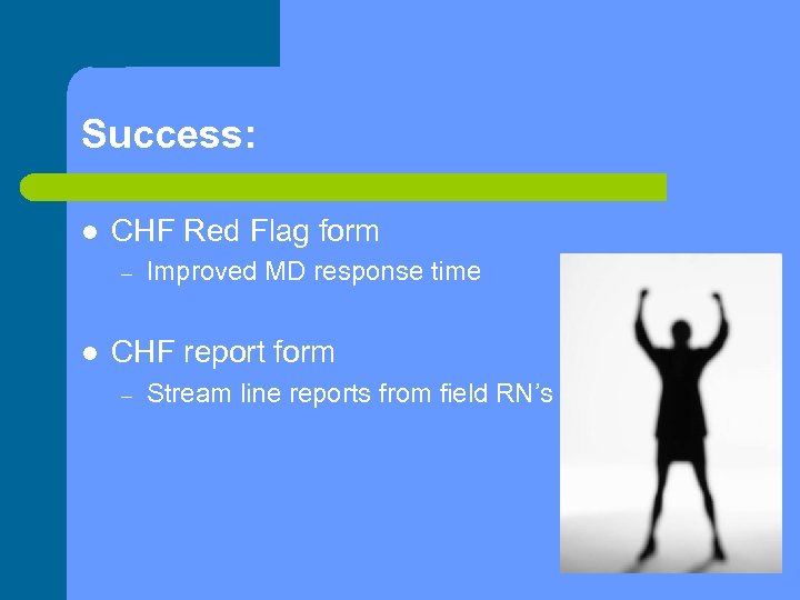 Success: l CHF Red Flag form – l Improved MD response time CHF report