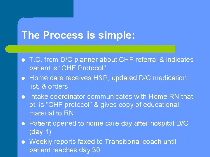 The Process is simple: l l l T. C. from D/C planner about CHF