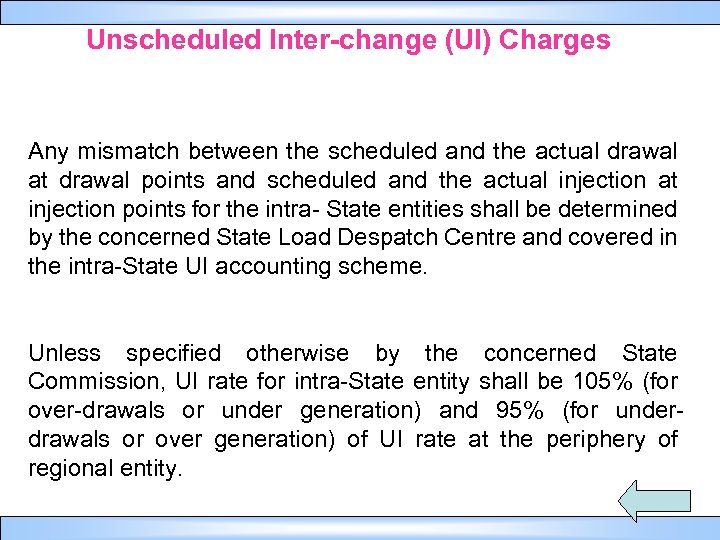 Unscheduled Inter-change (UI) Charges Any mismatch between the scheduled and the actual drawal at