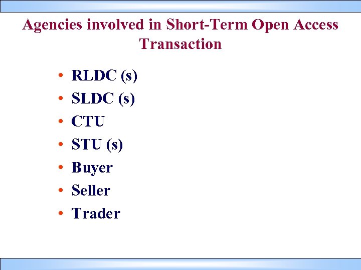 Agencies involved in Short-Term Open Access Transaction • • RLDC (s) SLDC (s) CTU