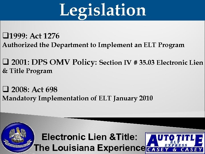 Legislation q 1999: Act 1276 Authorized the Department to Implement an ELT Program q