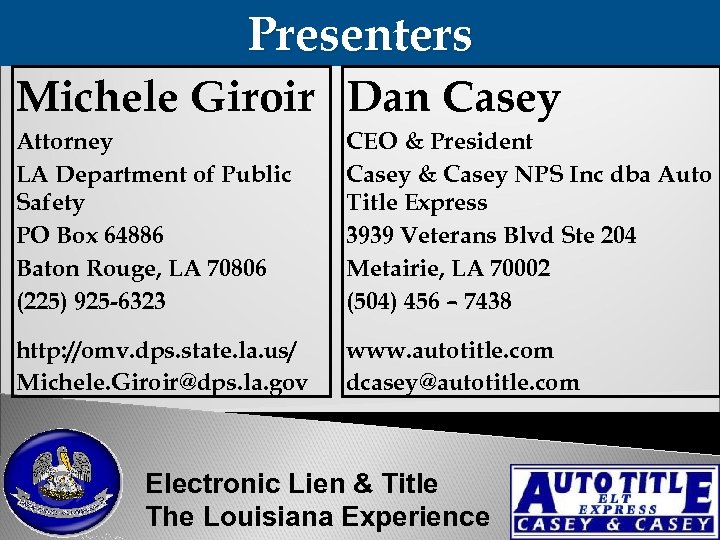 Presenters Michele Giroir Dan Casey Attorney LA Department of Public Safety PO Box 64886