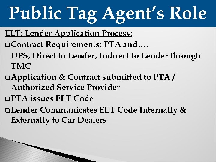 Public Tag Agent’s Role ELT: Lender Application Process: q Contract Requirements: PTA and…. DPS,