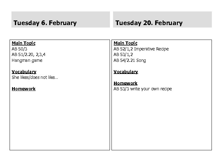 Tuesday 6. February Tuesday 20. February Main Topic AB 50/3 AB 51/2. 20, 2,