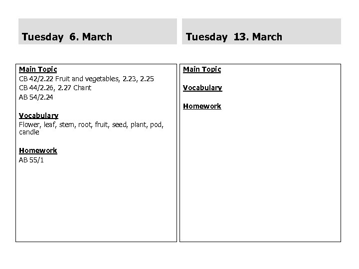 Tuesday 6. March Main Topic CB 42/2. 22 Fruit and vegetables, 2. 23, 2.