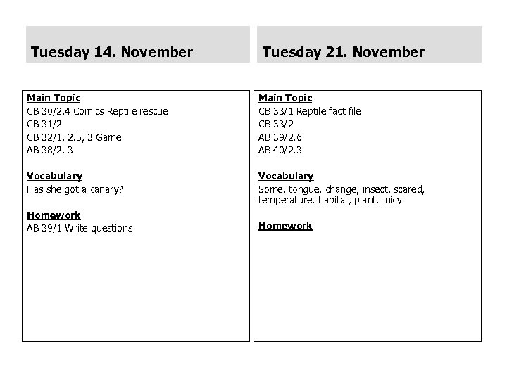Tuesday 14. November Tuesday 21. November Main Topic CB 30/2. 4 Comics Reptile rescue
