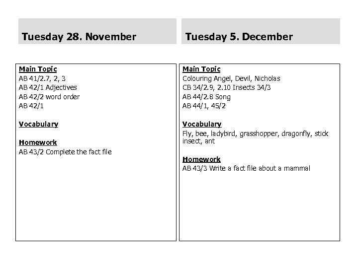 Tuesday 28. November Tuesday 5. December Main Topic AB 41/2. 7, 2, 3 AB
