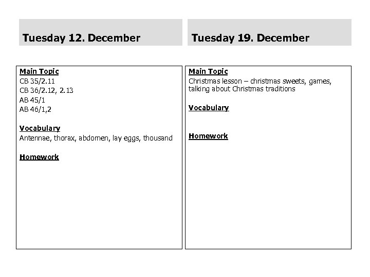 Tuesday 12. December Main Topic CB 35/2. 11 CB 36/2. 12, 2. 13 AB
