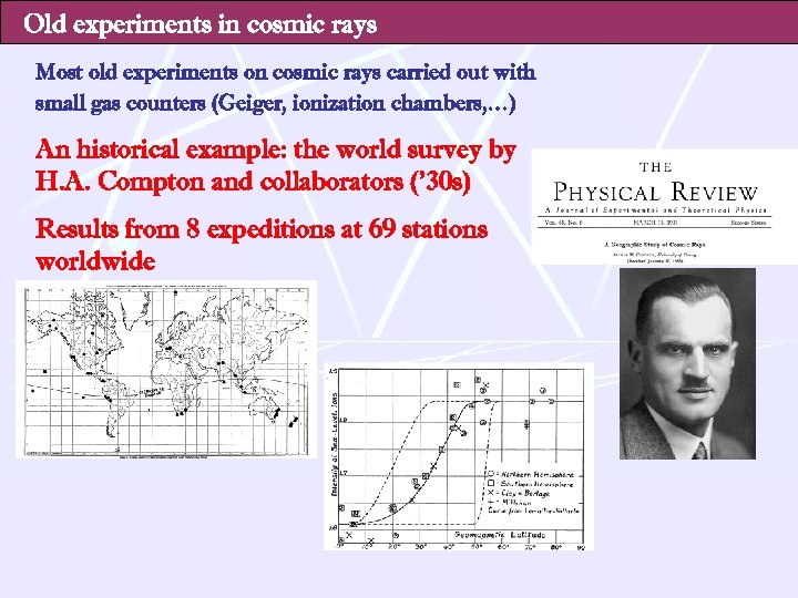 Old experiments in cosmic rays Most old experiments on cosmic rays carried out with