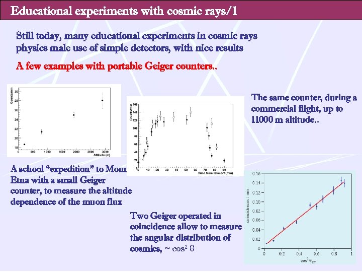 Educational experiments with cosmic rays/1 Still today, many educational experiments in cosmic rays physics