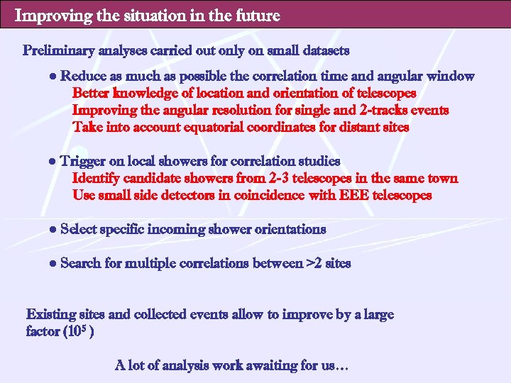 Improving the situation in the future Preliminary analyses carried out only on small datasets