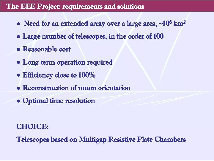 The EEE Project: requirements and solutions ● Need for an extended array over a