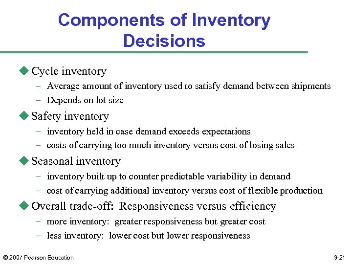 Components of Inventory Decisions u Cycle inventory – Average amount of inventory used to