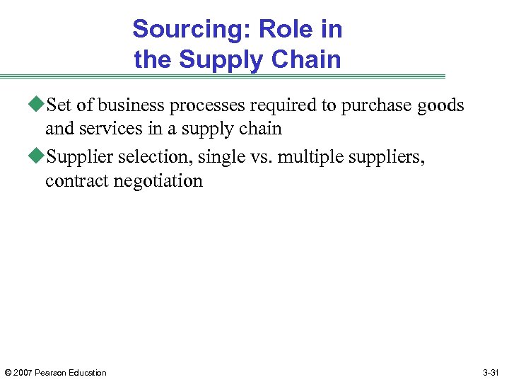 Sourcing: Role in the Supply Chain u. Set of business processes required to purchase
