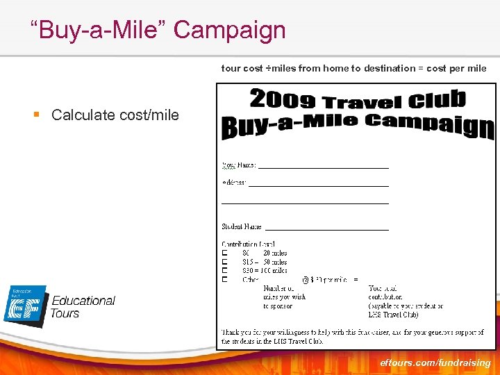 “Buy-a-Mile” Campaign tour cost ÷miles from home to destination = cost per mile §