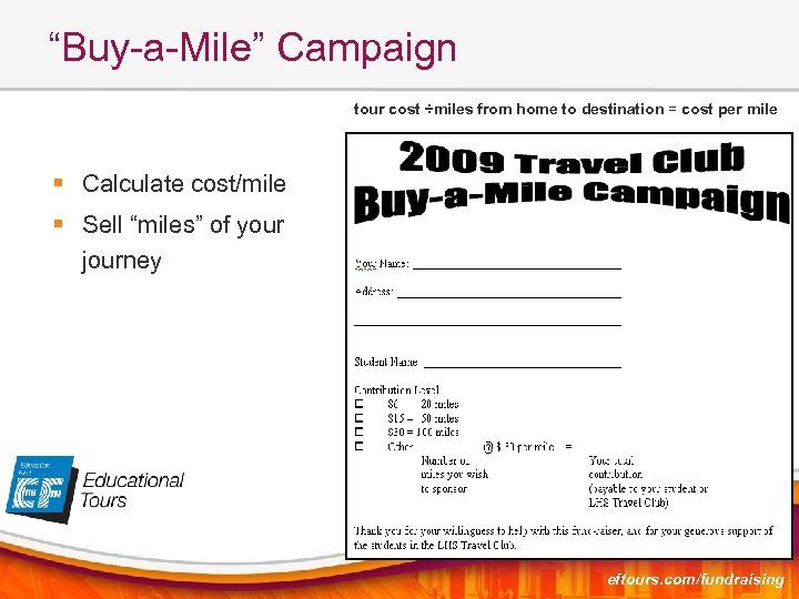 “Buy-a-Mile” Campaign tour cost ÷miles from home to destination = cost per mile §