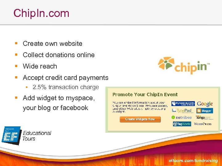 Chip. In. com § Create own website § Collect donations online § Wide reach